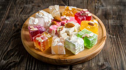 A vibrant combination consisting of Turkish delight, with colorful candies in the middle, surrounded by white chunks, dotted with almonds, placed on a wooden plate, illuminated by natural light with s