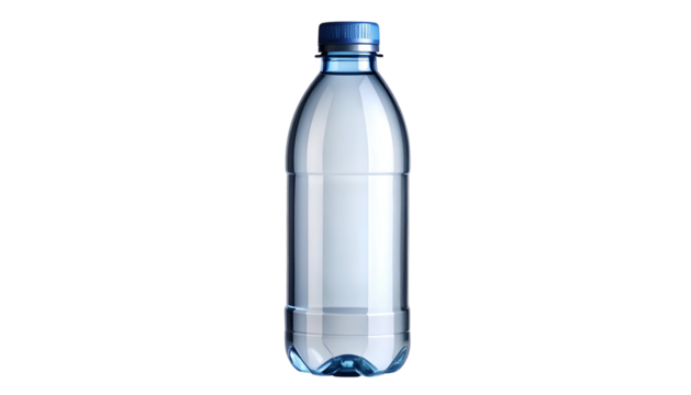 Clear plastic bottle, filled with liquid, against a black background