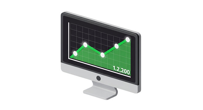 3d icon of isometric monitor displaying a green line graph, showcasing data trends and analysis
