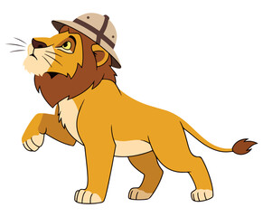 Adventurous lion explorer dons a safari hat, ready for discovery.
