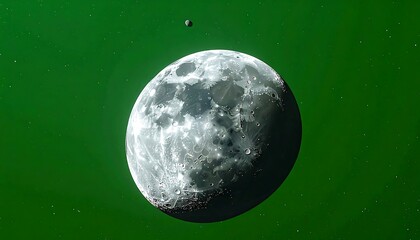 Textured, gray planet shines in space, lit with bright spots, against a green backdrop