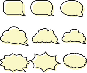 A collection of hand-drawn speech bubbles and cloud shapes in a simple cartoon style