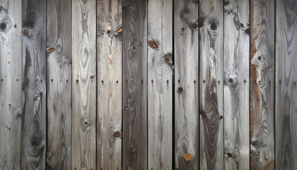 Close-up of vertical, weathered wooden boards of varying shades of gray and brown with visible nail heads
