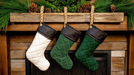 three christmas stockings, white and green, with a rustic wooden hanger hanging on the fireplace mantle