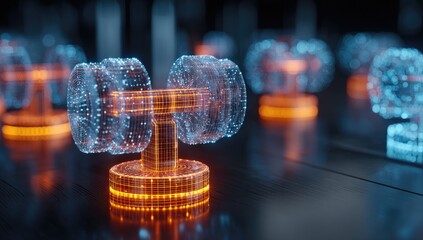 Digital dumbbells, glowing with blue and orange light, futuristic and tech-themed