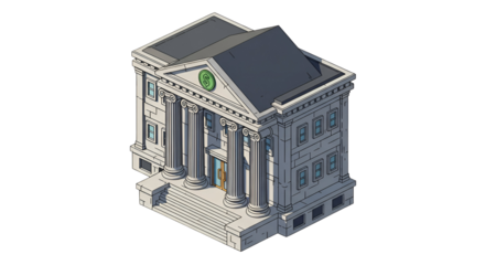 3d icon of isometric illustration of a bank building, representing financial institutions and services