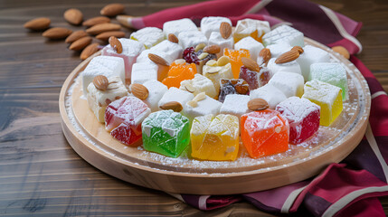 A vibrant combination consisting of Turkish delight, with colorful candies in the middle, surrounded by white chunks, dotted with almonds, placed on a wooden plate, illuminated by natural light with s