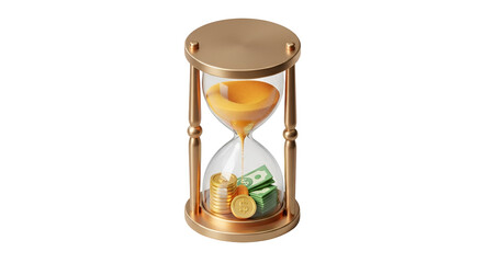3d icon of hourglass with sand flowing onto money, concept of time is money