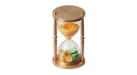 3d icon of hourglass with sand flowing onto money, concept of time is money