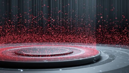 Futuristic stage design with glowing platform and red particles rising against dark background
