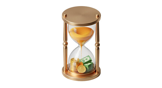 3d icon of hourglass with sand flowing onto money, concept of time is money