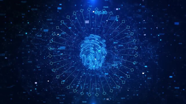 Fingerprint scanner, biometric security data security technology. Digital security authentication background. password control through fingerprints biometric scanner on futuristic screen technology