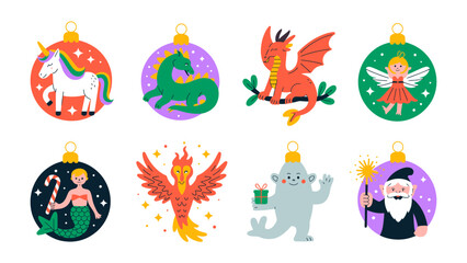 Holiday Ornaments: A charming collection of fantastical holiday ornaments, featuring a unicorn, dragon, fairy, phoenix, yeti, mermaid, and wizard, ready to bring festive cheer and a touch of magic.