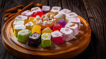 A vibrant combination consisting of Turkish delight, with colorful candies in the middle, surrounded by white chunks, dotted with almonds, placed on a wooden plate, illuminated by natural light with s
