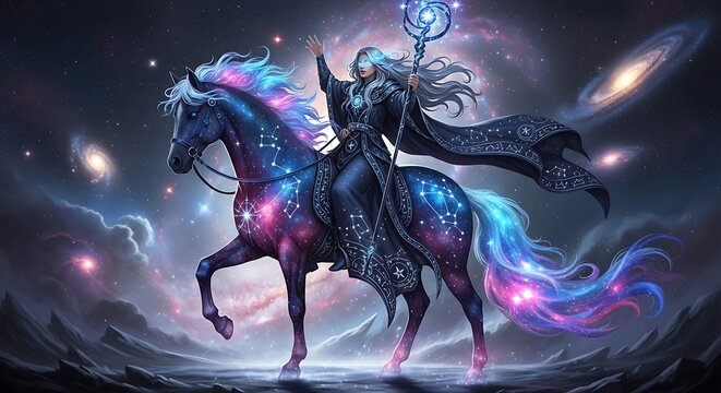 Cosmic Sorcerer Riding a Celestial Star Horse Through the Galaxy.