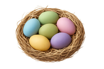 Colorful easter eggs nesting in a natural basket