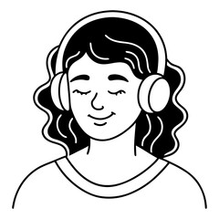Stylized black and white illustration of a person enjoying music with headphones isolated on a white background