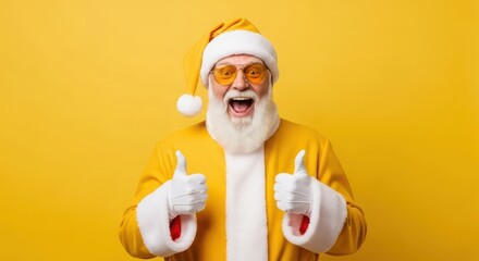 Excited santa claus in yellow suit giving thumbs up with a big smile on yellow background