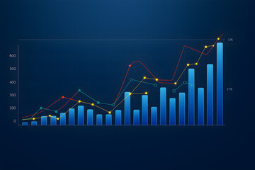Blue bar chart red yellow green trend lines dark gradient background wide angle deep focus                    