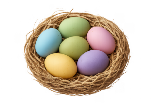 Colorful easter eggs nesting in a natural basket