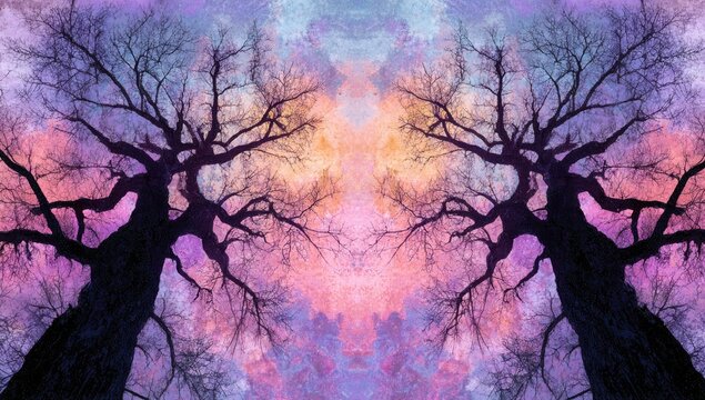 Silhouetted trees against a vibrant, mirrored sky - Powered by Adobe