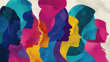 Colorful silhouettes of diverse female faces overlap, symbolizing unity and community