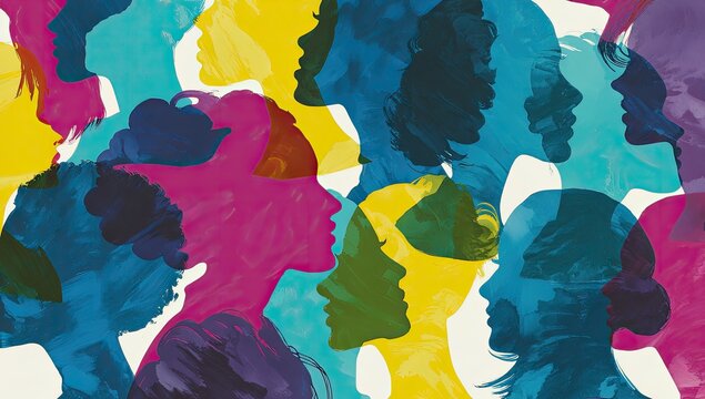 Overlapping silhouetted female faces in vibrant hues, representing diverse perspectives