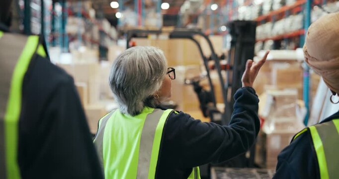 Logistics, supervisor and group in warehouse, inspection or planning for distribution and discussion. Back, colleagues and people in factory for quality assurance, walk and teamwork for dropshipping