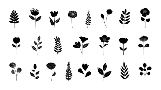 A collection of intricate line-drawn floral designs featuring various types of flowers and leaves arranged in a grid pattern.