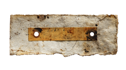 A piece of aged paper with a brown stripe and two holes, showcasing wear and historical character.