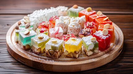 A vibrant combination consisting of Turkish delight, with colorful candies in the middle, surrounded by white chunks, dotted with almonds, placed on a wooden plate, illuminated by natural light with s