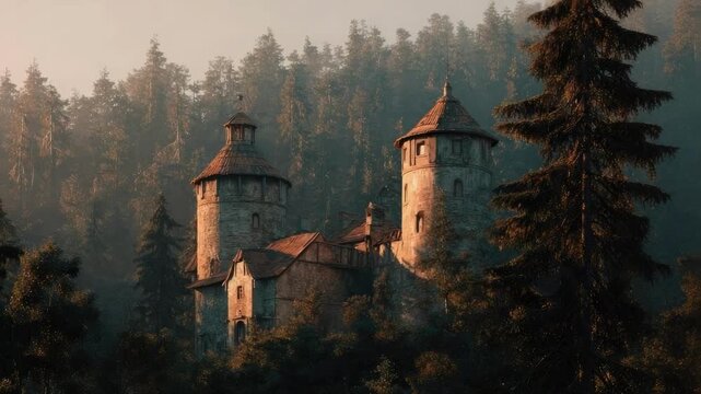 A secluded stone castle with round towers tucked among a dense pine forest, bathed in soft twilight.