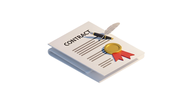 3d icon of contract document with seal and feather pen 3d rendering