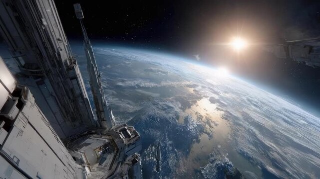 Earth seen from space with a space station hull in the foreground and the Sun lighting the planet's curved horizon.