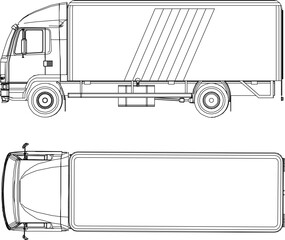 vector sketch illustration silhouette design image of industrial vehicle trailer truck with rear container for industrial side and top view