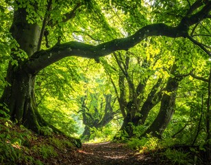 A sunlit forest path winds through majestic trees, their branches forming an archway of vibrant green leaves