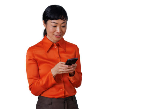 Asian woman using smartphone, sending text message or connecting online, smiling, transparent background