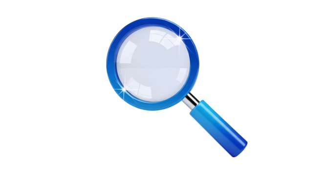 3d icon of blue magnifying glass with a shiny lens for searching and zooming