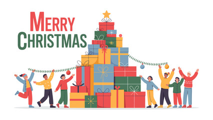 Christmas Festive Gifts: A vibrant illustration depicts a heartwarming Christmas scene, with a towering stack of wrapped presents shaped like a Christmas tree, adorned with cheerful decorations.