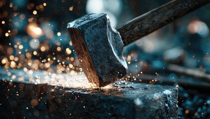 A close-up photo of a blacksmith hammering metal on an anvil, creating sparks