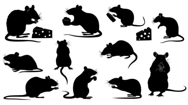 The image features various poses of cartoon mice interacting with cheese and other food items.