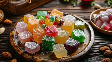 A vibrant combination consisting of Turkish delight, with colorful candies in the middle, surrounded by white chunks, dotted with almonds, placed on a wooden plate, illuminated by natural light with s