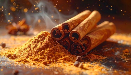 Close-up of cinnamon sticks, powder, and star anise; steam and bokeh add warmth to the natural arrangement