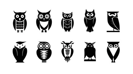 A collection of stylized owl illustrations showcasing various designs and postures.