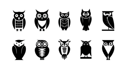 A collection of stylized owl illustrations showcasing various designs and postures.