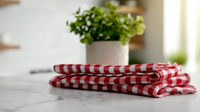 Folded red and white checkered kitchen towel on countertop with blurred plant and window