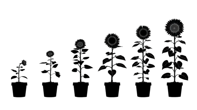 A series of stylized sunflowers in varying heights, displaying intricate petal designs and lush green leaves, arranged in order of growth.