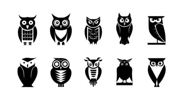 A collection of stylized owl illustrations showcasing various designs and postures.