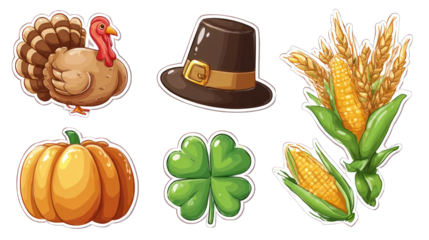 A festive collection of Thanksgiving-themed items, including a turkey, hat, corn, pumpkin, and a clover.