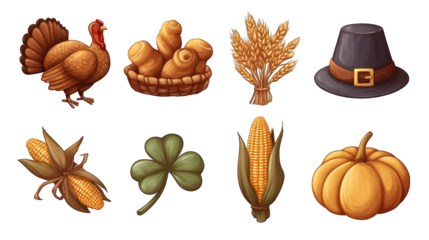 A collection of autumn-themed harvest items including a turkey, corn, a pumpkin, and a Pilgrim hat.